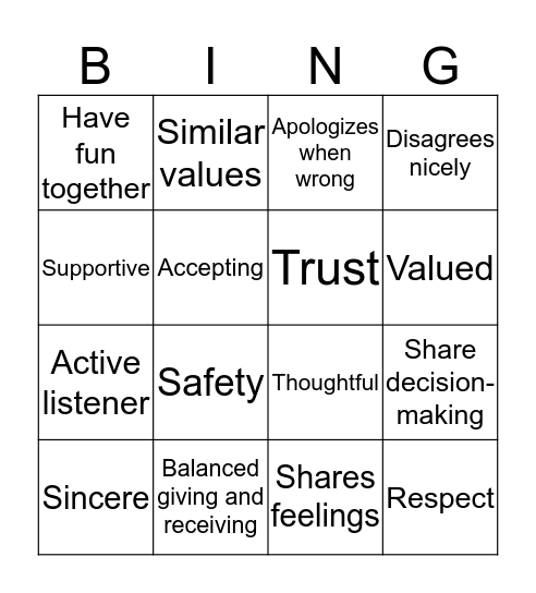 Healthy Relationship Bingo Card