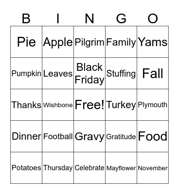 Turkey Bingo Card