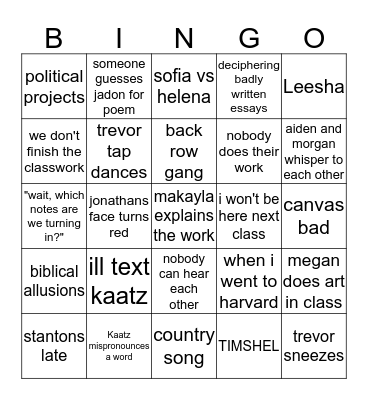 english III bingo Card