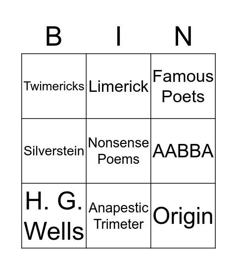 Limerick Bingo Card