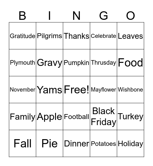 Turkey Bingo Card