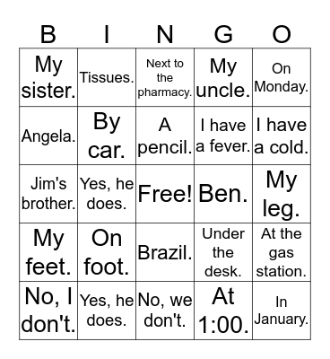Question Words Bingo Card