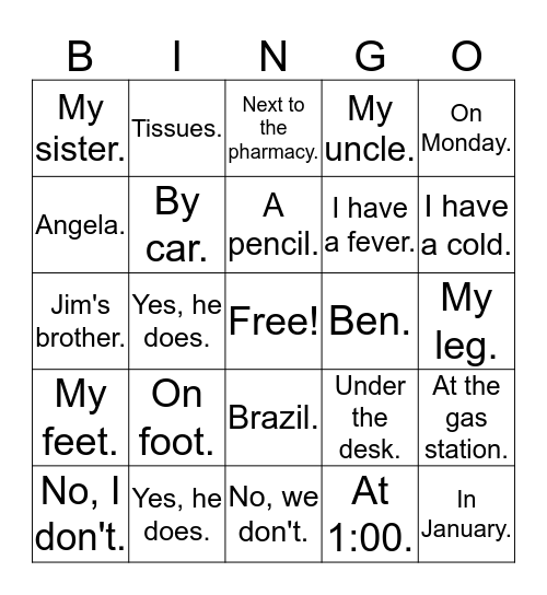 Question Words Bingo Card