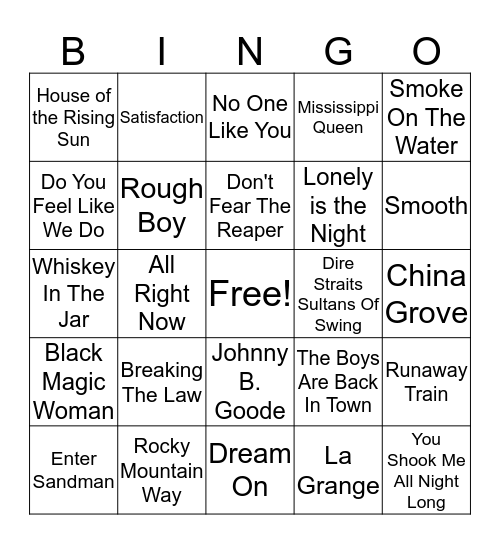Guitar Anthems Bingo Card
