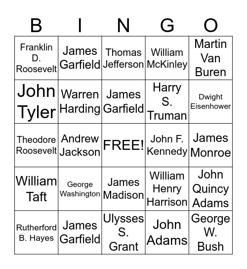 U.S. Presidents Bingo Card