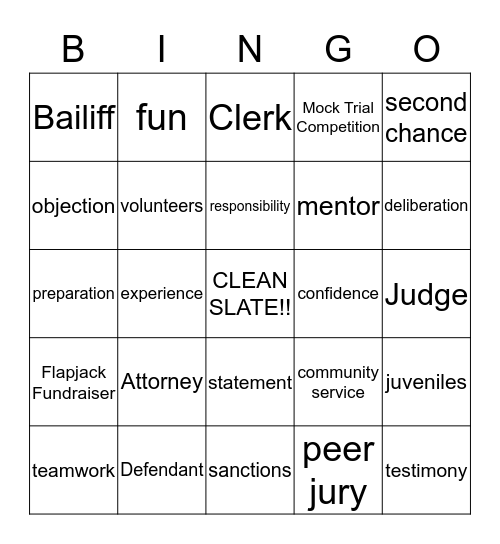Teen Court Celebration Bingo Card
