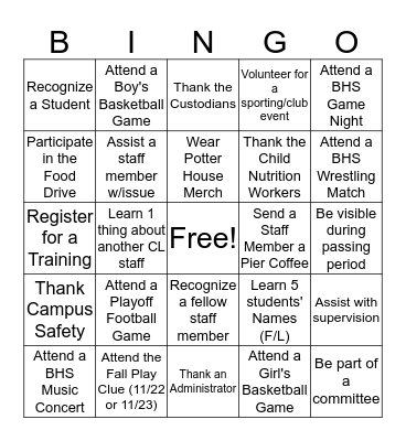 BHS Potter House Bingo Card