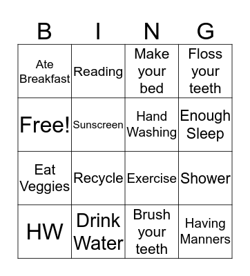 Healthy Habits Bingo Card