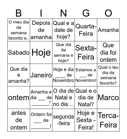 Calendario - palavras Bingo Card