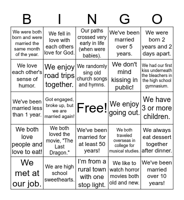 Faith Life Couples' BINGO! Bingo Card