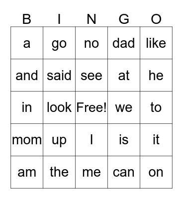 Sight Words Bingo Card