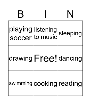 Bingo Free-Time Activities Bingo Card