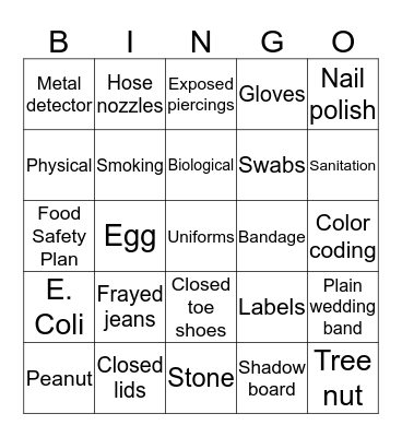 Food Safety Bingo Card