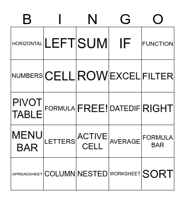 EXCEL 101 & 201 Bingo Card