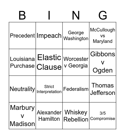 US History - George Washington Bingo Card
