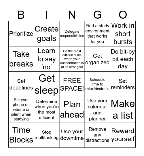 How to Manage Your Time Bingo Card