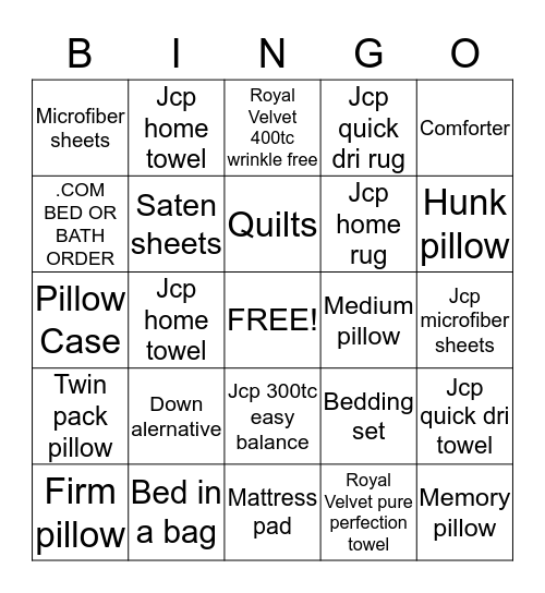Bedding and Bath Bingo Card
