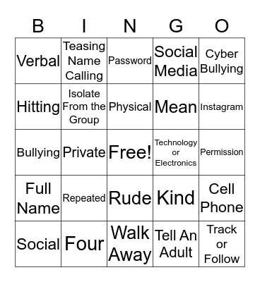 Bullying and Internet Safety Bingo Card