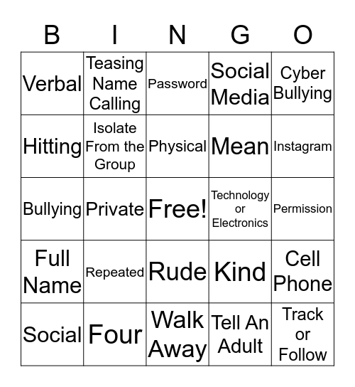 Bullying and Internet Safety Bingo Card