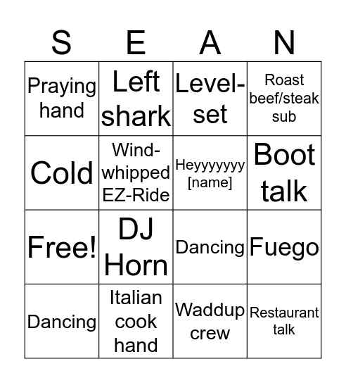 Sean Bingo Card