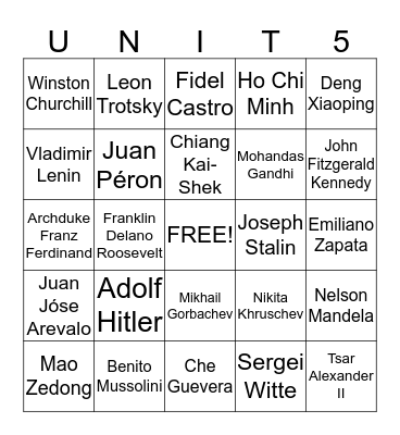 Unit 5 Important People Bingo Card