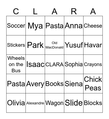 Clara's Favourites Bingo Card