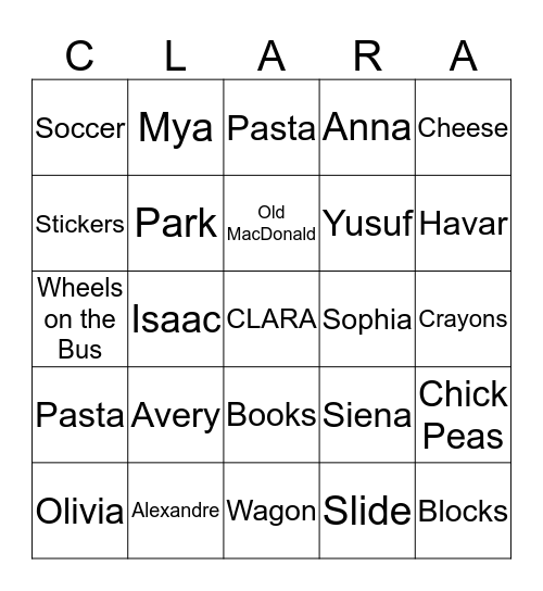 Clara's Favourites Bingo Card