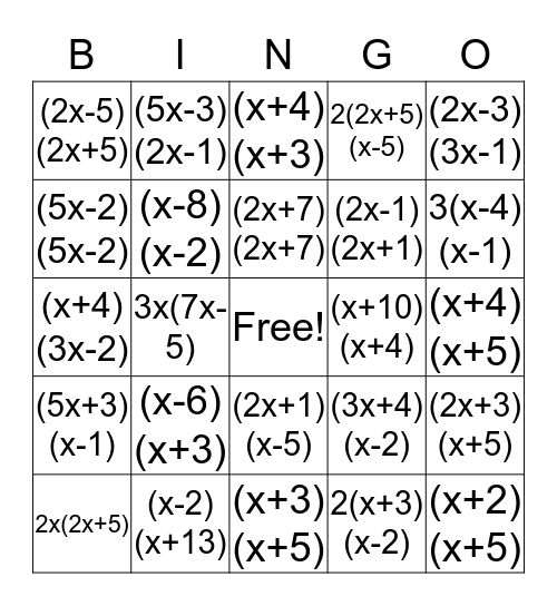 Factoring Quadratics Bingo Card