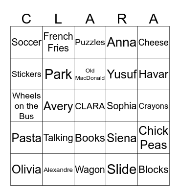 Clara's Favourites Bingo Card