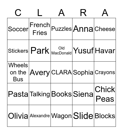 Clara's Favourites Bingo Card