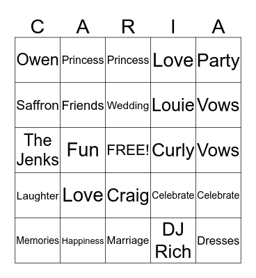Curly's Wedding Shower Bingo Card