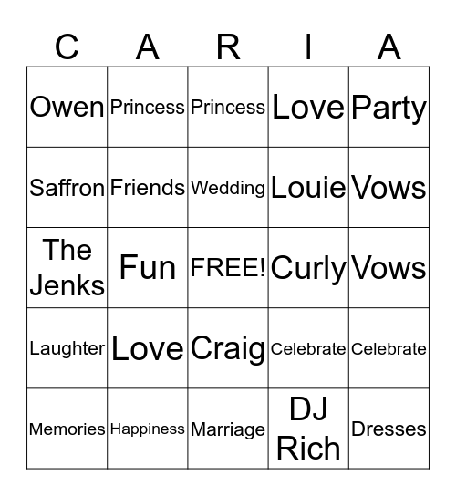 Curly's Wedding Shower Bingo Card