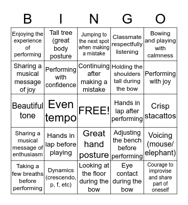 Piano Recital Bingo Card