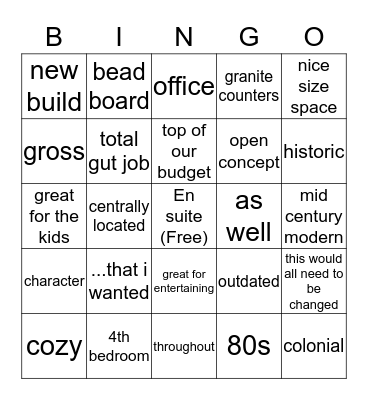 House Hunters Bingo Card