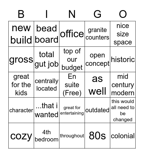 House Hunters Bingo Card