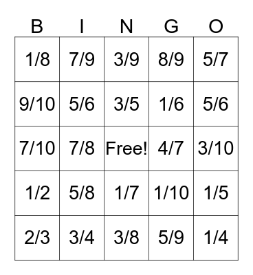 Fraction Bingo Card