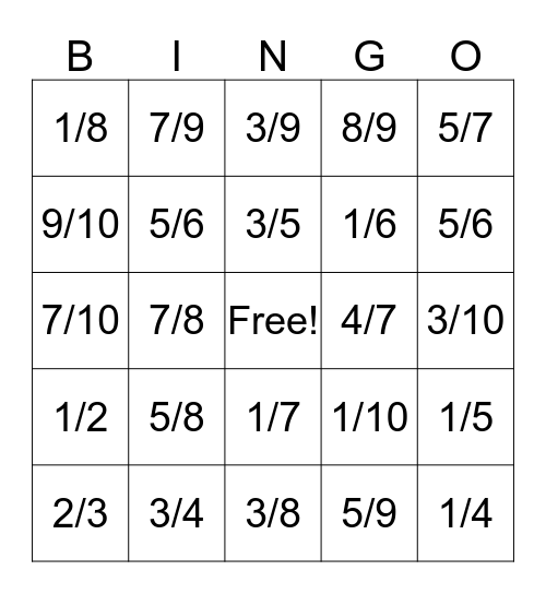 Fraction Bingo Card