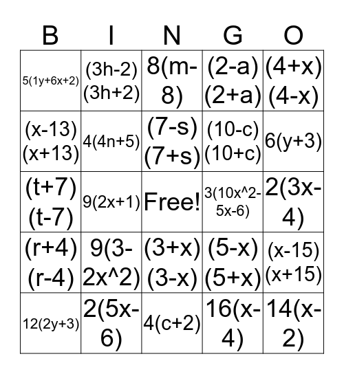 Factoring Expressions (GCF/DOTS) Bingo Card