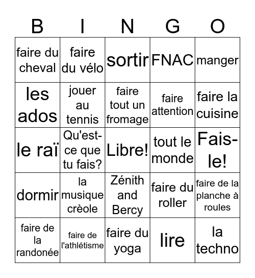 Aimer faire- La musique Bingo Card