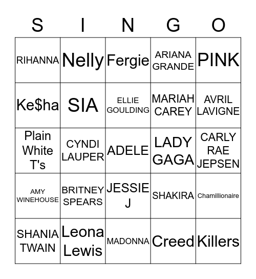 Round ONE - POP MUSIC Bingo Card