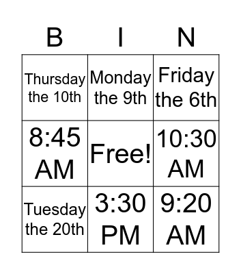 Time and day Bingo Card
