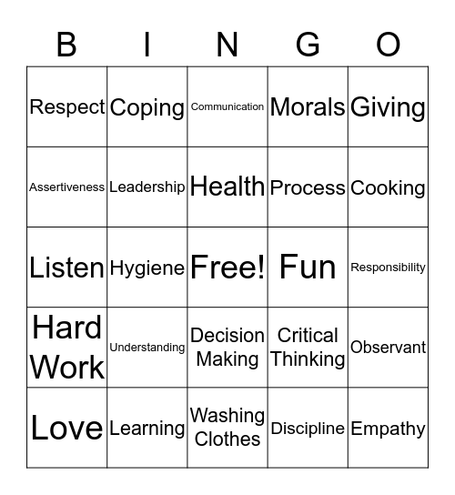 Life Skills Bingo Card