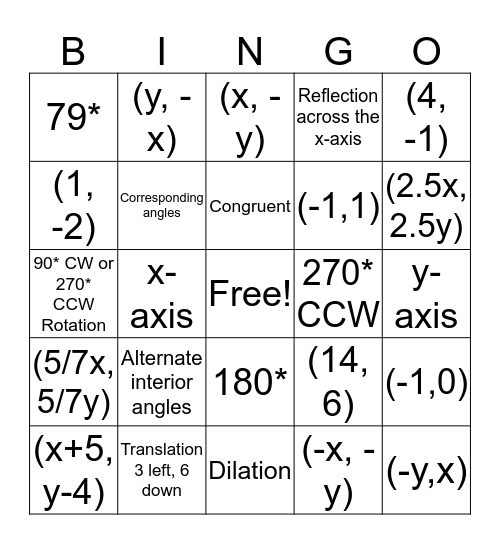 Transformations Bingo Card