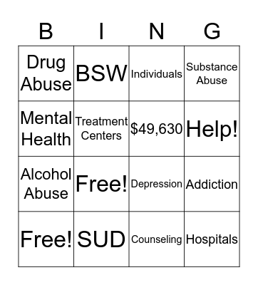 Mental Health & Substance Abuse BINGO Card