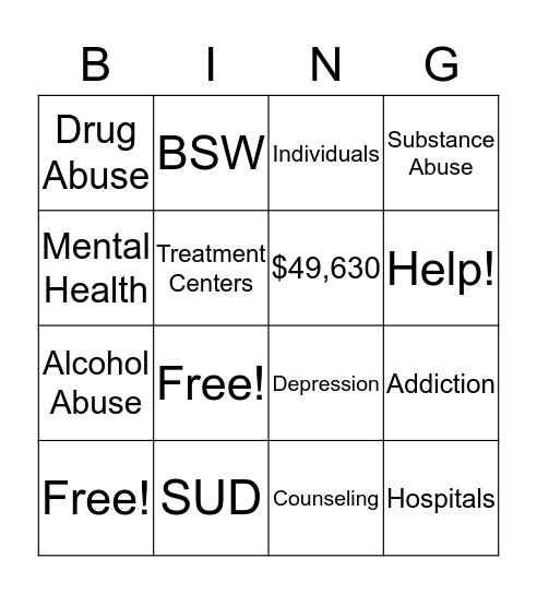 Mental Health & Substance Abuse BINGO Card