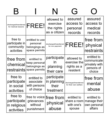 Residents' Rights Bingo Card