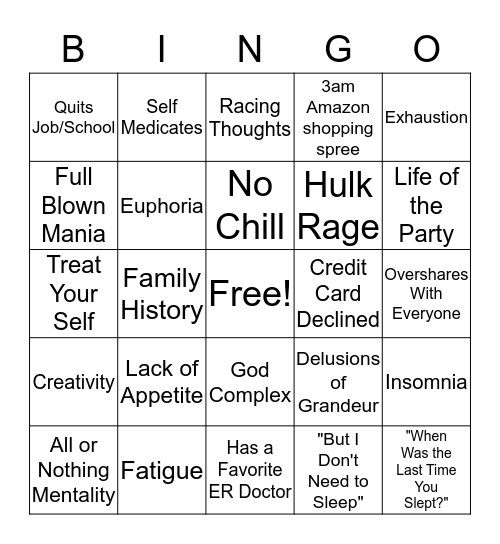 Bipolar 1 Bingo Card