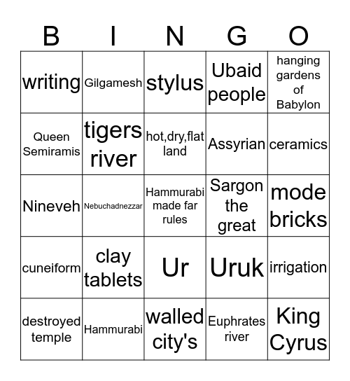 Mesopotamia Bingo Card