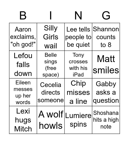 Beauty and the Beast Bingo Card