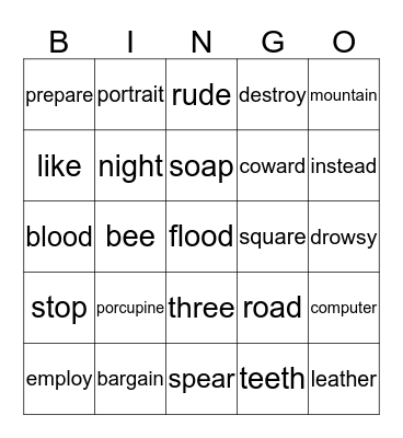 Vowel sounds Bingo Card